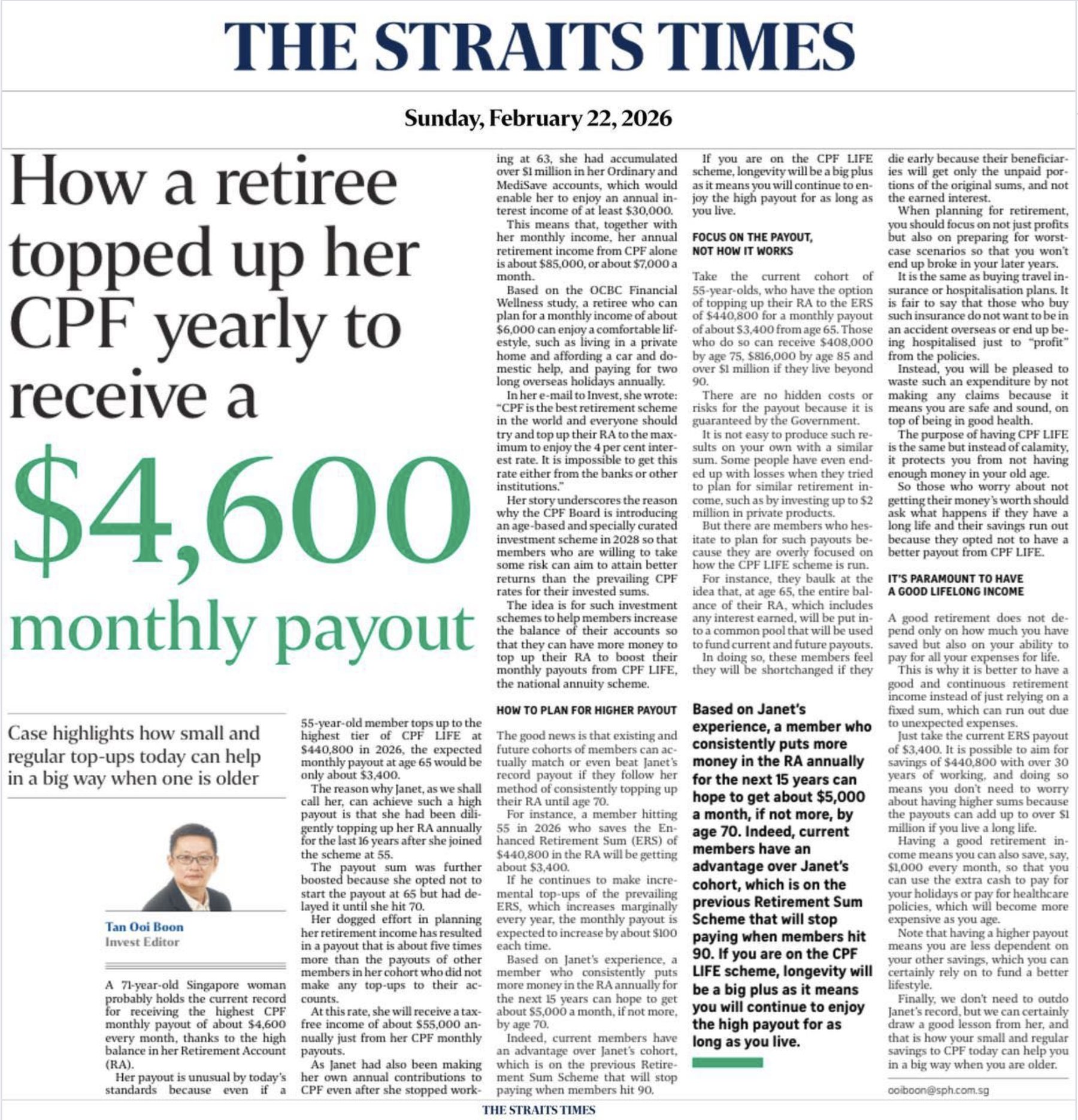 Newspaper feature reporting a Singapore retiree receiving a CPF monthly payout of about $4,600, and describing sixteen years of annual Retirement Account top-ups.