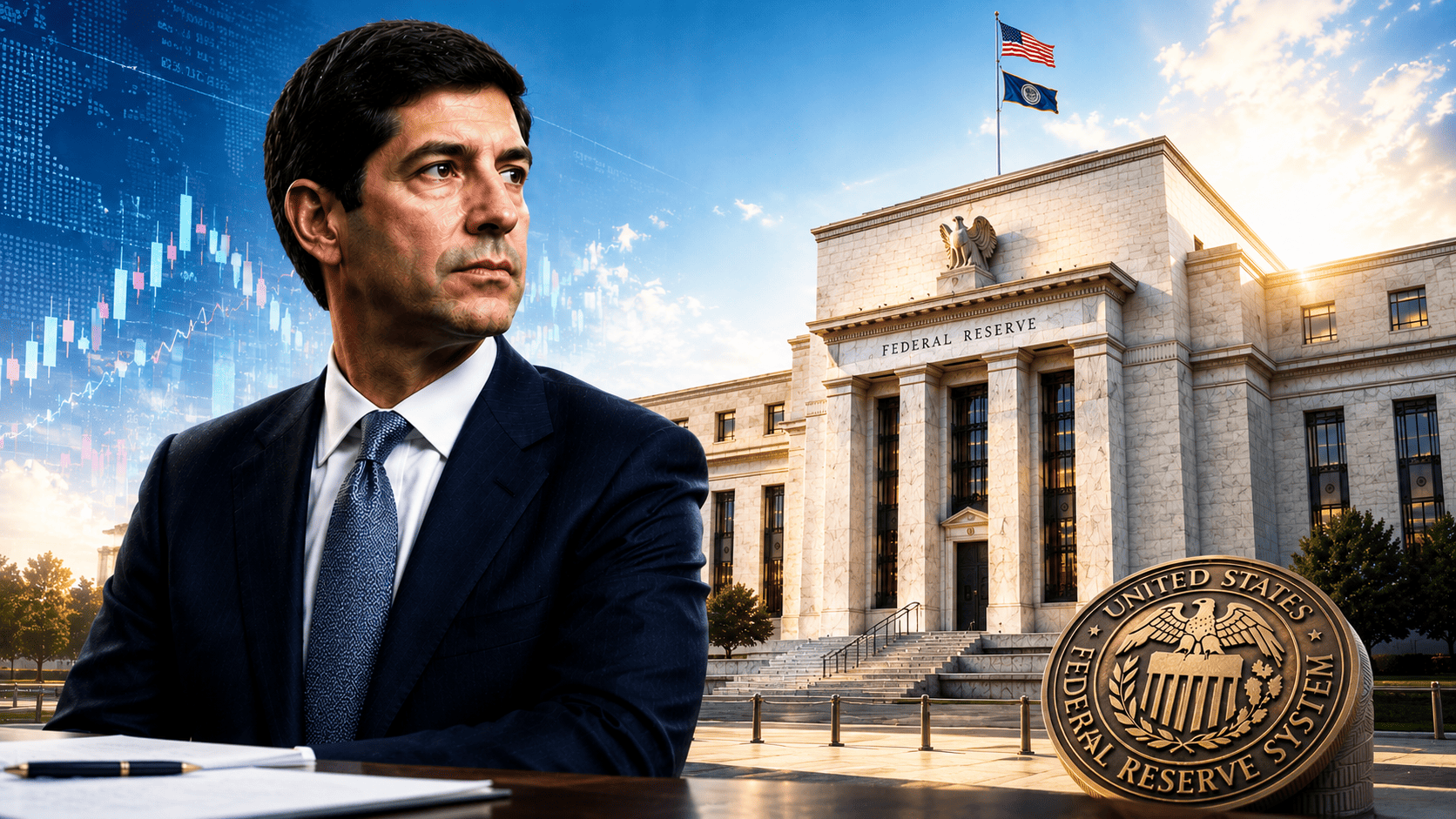 Federal Reserve building with market chart and FOMC leadership visual