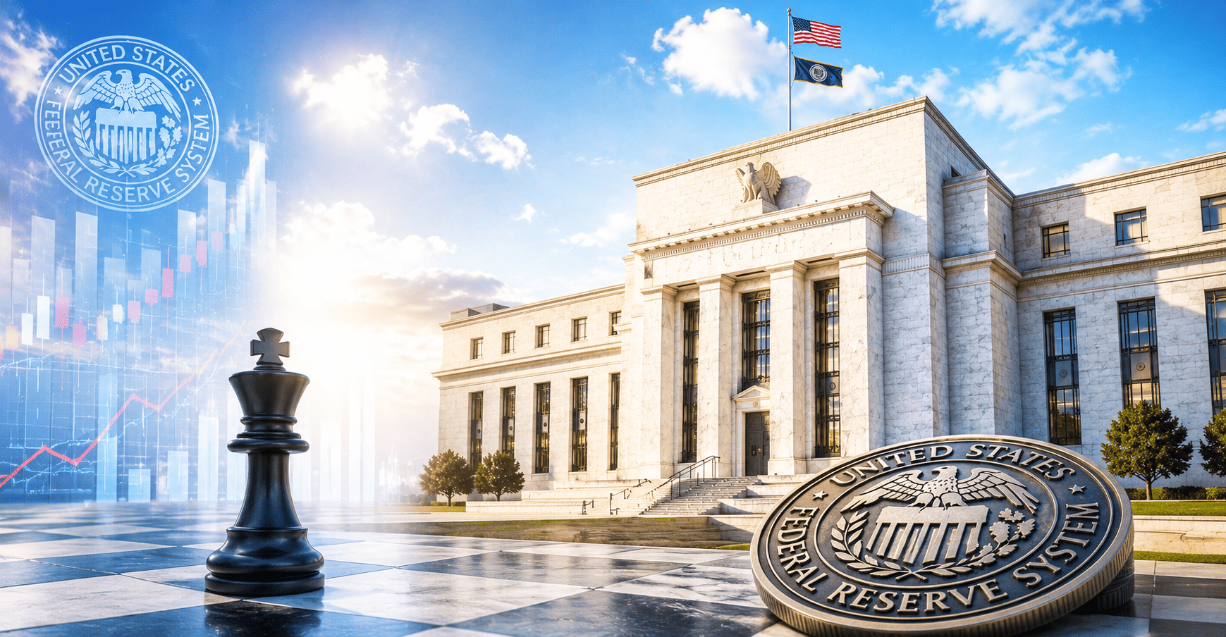 Federal Reserve building with chess strategy and market chart visual