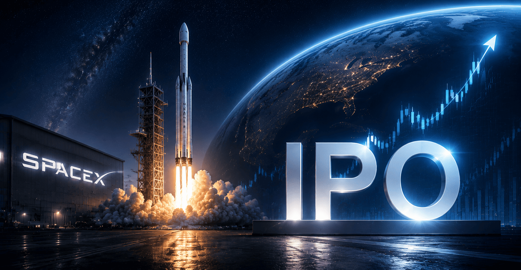SpaceX rocket launch with IPO market chart